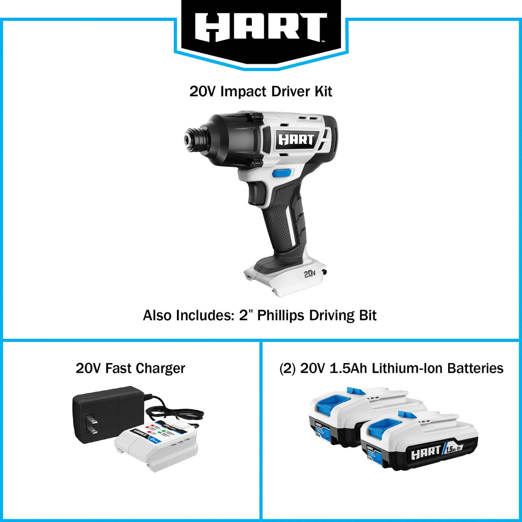 HART 20-Volt Cordless 1/4 Hex Chuck Impact Driver Kit. (2) 1.5Ah Lithium-Ion Batteries. Gen 2
