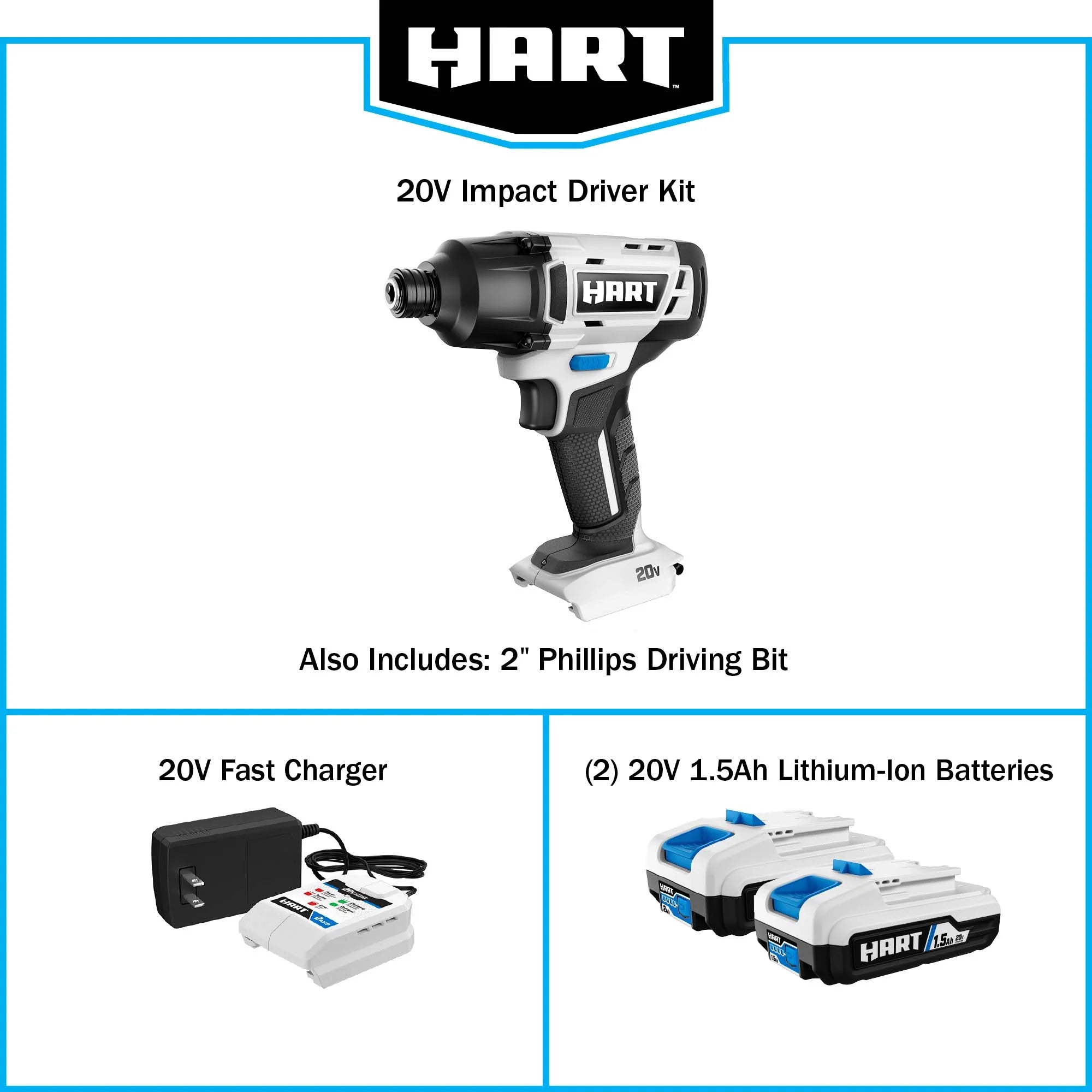 HART 20-Volt Cordless 1/4 Hex Chuck Impact Driver Kit. (2) 1.5Ah Lithium-Ion Batteries. Gen 2