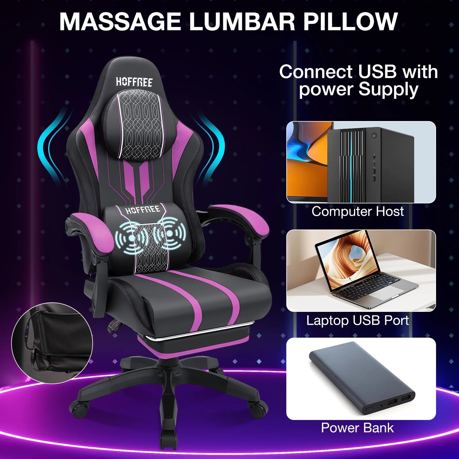 HOFFREE Big and Tall Gaming Chair with Speakers and RGB Lights. Gamer Chair with Footrest. Lumbar Support Height Adjustable 360-Swivel Seat and Headrest for Adults. 400lbs