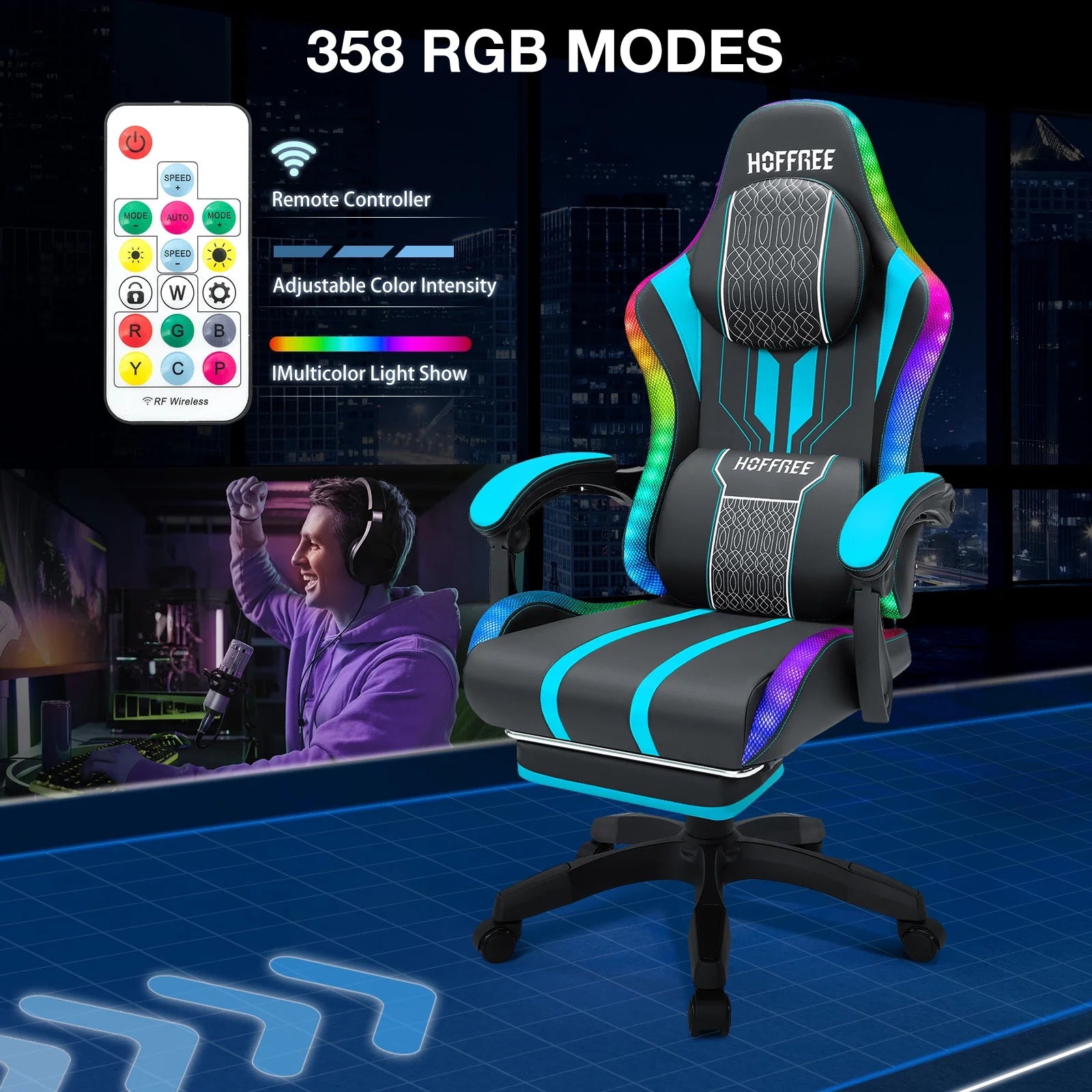 HOFFREE Big and Tall Gaming Chair with Speakers and RGB Lights. Gamer Chair with Footrest. Lumbar Support Height Adjustable 360-Swivel Seat and Headrest for Adults. 400lbs