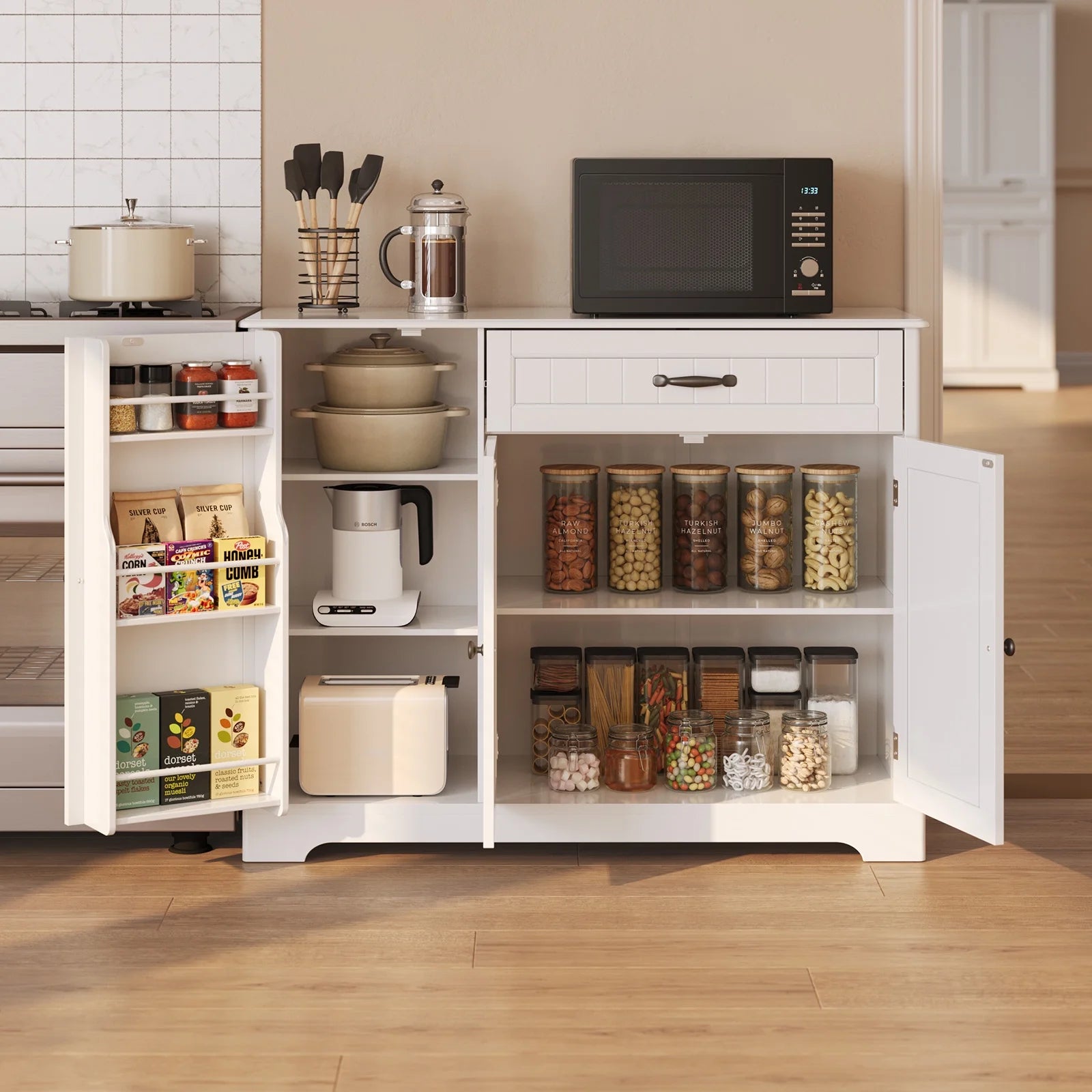 Coffee Bar. Lofka 42 Kitchen Storage Cabinet. Sideboard Buffet Cabinet with 8 Shelves. 1 Drawer