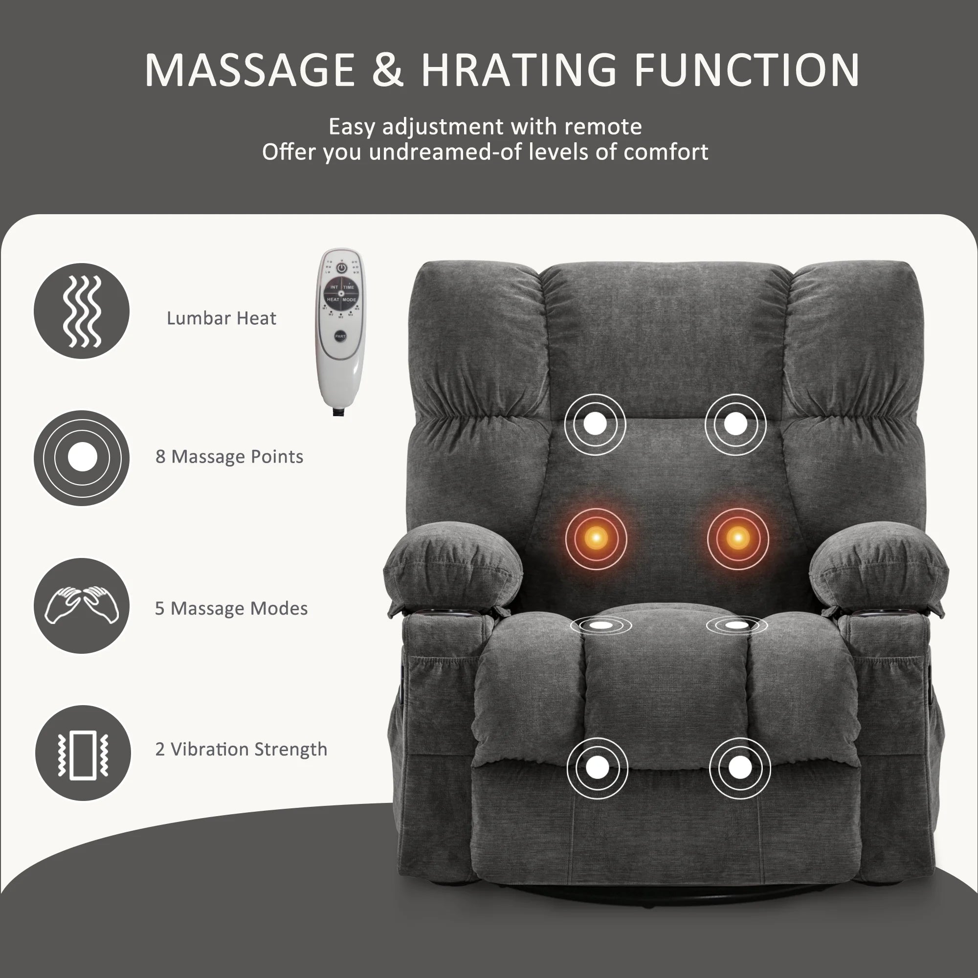 JONPONY Manual Recliner Chair with Heat Therapy and Massage Function. Heavy Duty Reclining Mechanism Massage Chair. Elderly Single Rocker Sofa with Cup Holders for Bedroom Home Theater.Grey