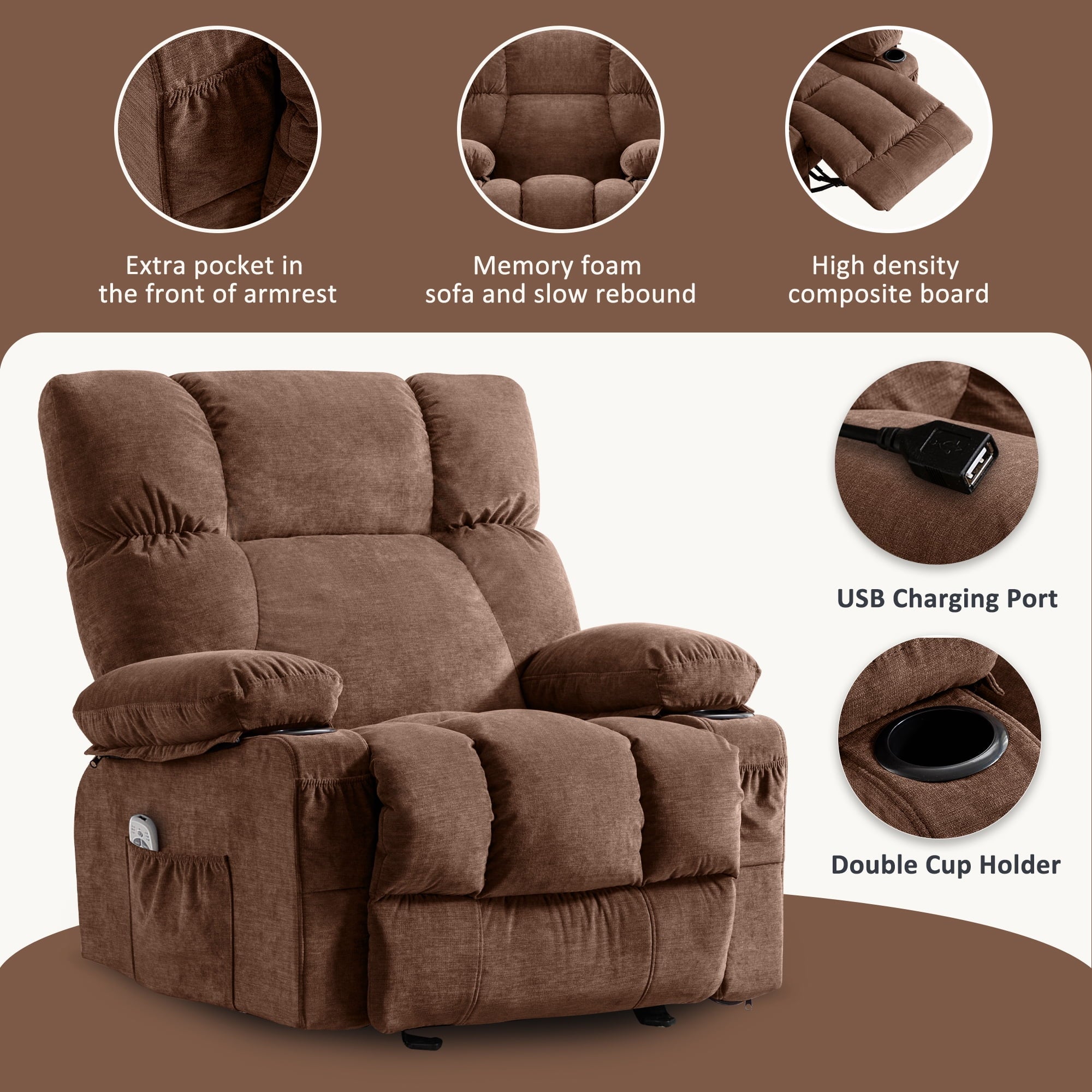 JONPONY Manual Recliner Chair with Heat Therapy and Massage Function. Heavy Duty Reclining Mechanism Massage Chair. Elderly Single Rocker Sofa with Cup Holders for Bedroom Home Theater.Grey