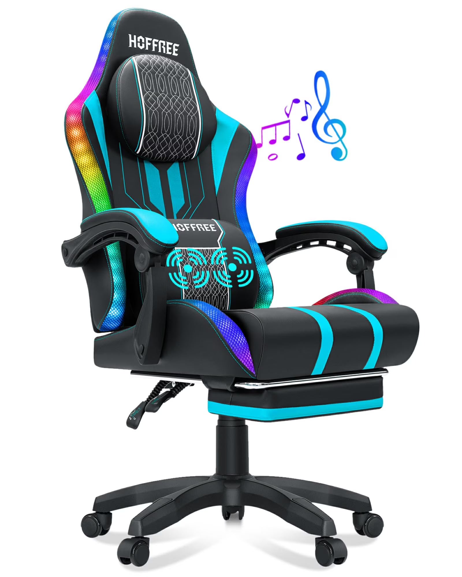 HOFFREE Big and Tall Gaming Chair with Speakers and RGB Lights. Gamer Chair with Footrest. Lumbar Support Height Adjustable 360-Swivel Seat and Headrest for Adults. 400lbs