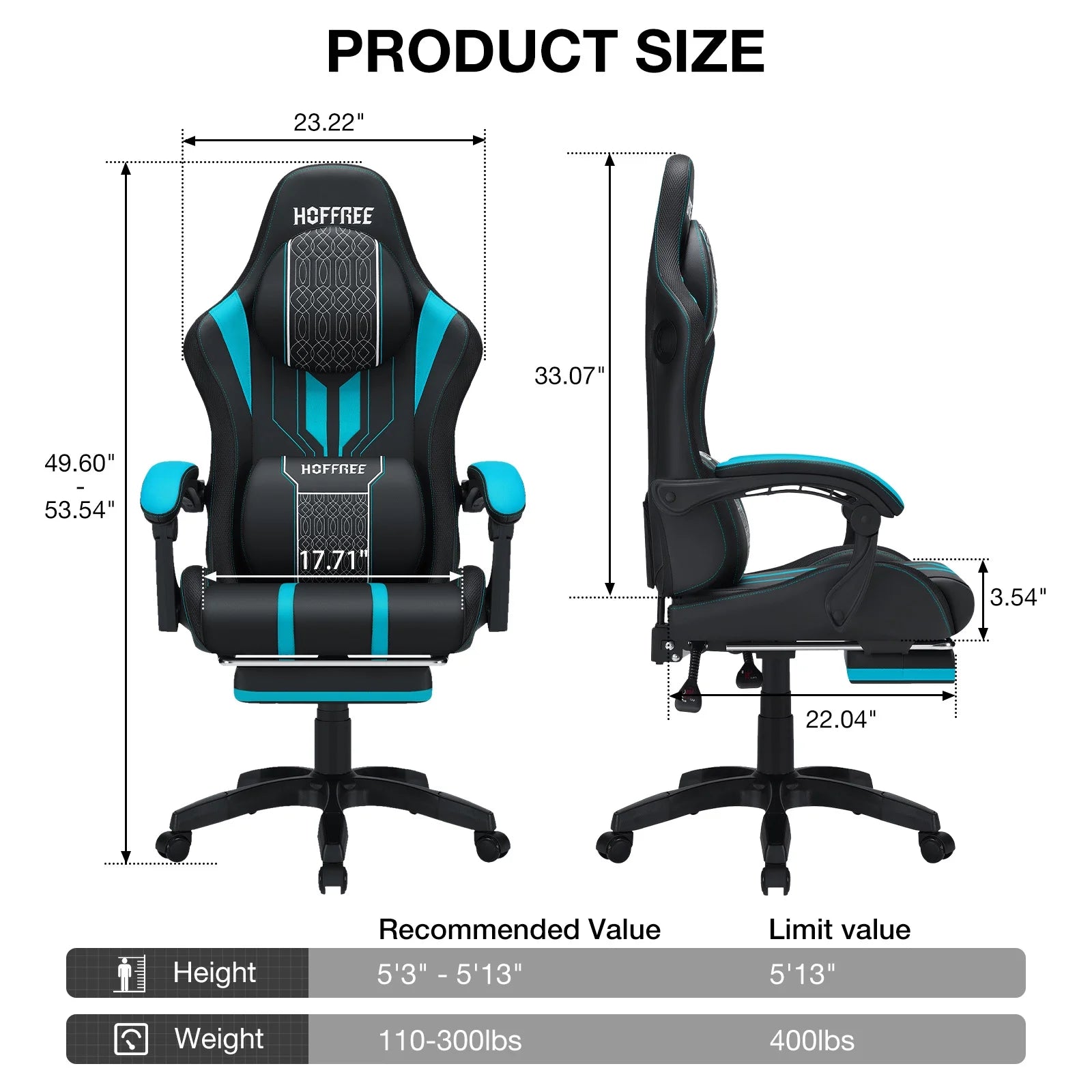 HOFFREE Big and Tall Gaming Chair with Speakers and RGB Lights. Gamer Chair with Footrest. Lumbar Support Height Adjustable 360-Swivel Seat and Headrest for Adults. 400lbs