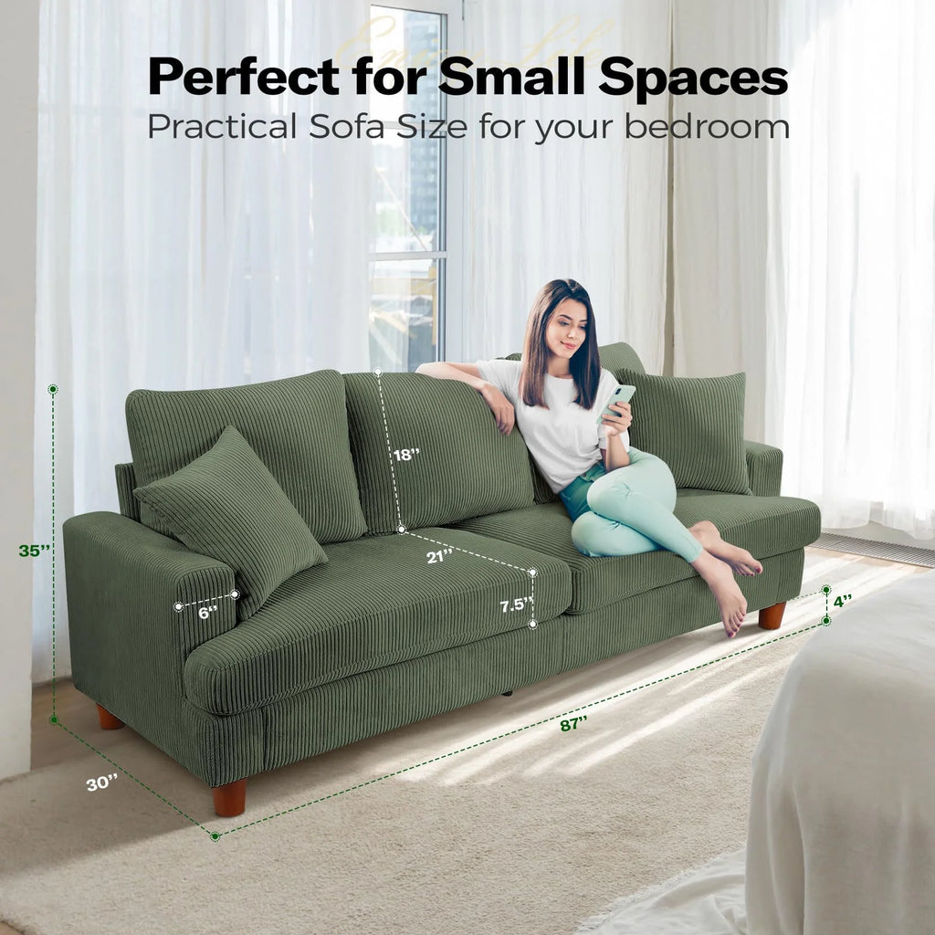 87 Corduroy Sofa.3 Seater Sofa with Extra Deep Seats.Neche Comfy Upholstered Couch for Living Room.2 Pillows.Green