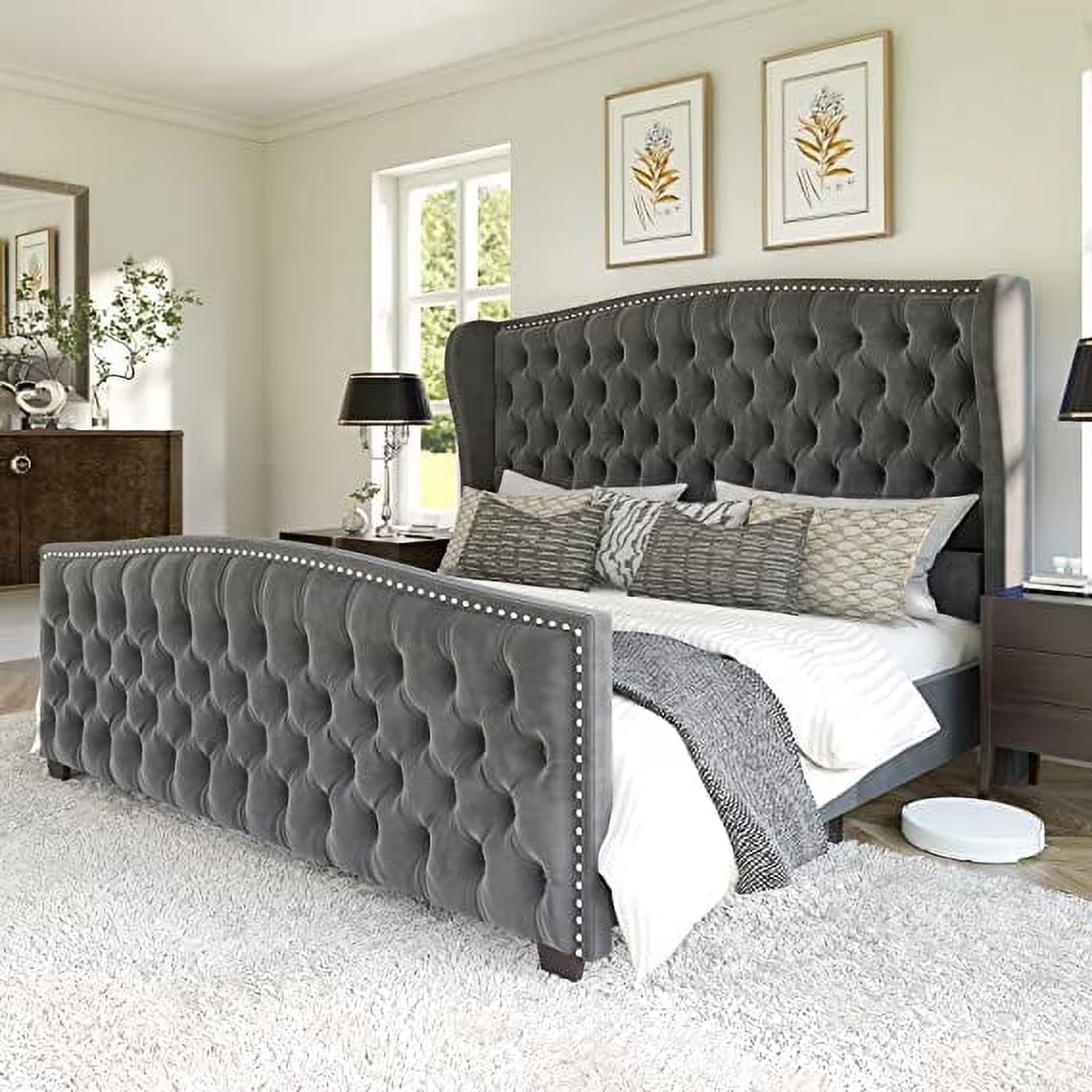 VANACC Queen Size Bed Frame. Velvet Upholstered Bed with Deep Button Tufted Wingback Headboard��Grey
