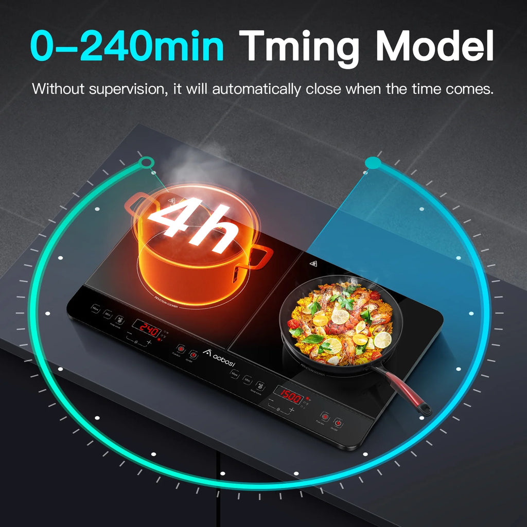 Aobosi Double Induction Cooktop with 2 Burners. 1800W Electric Stove Cooktop with Sensor Touch. 10 Temperature 9 Power Settings