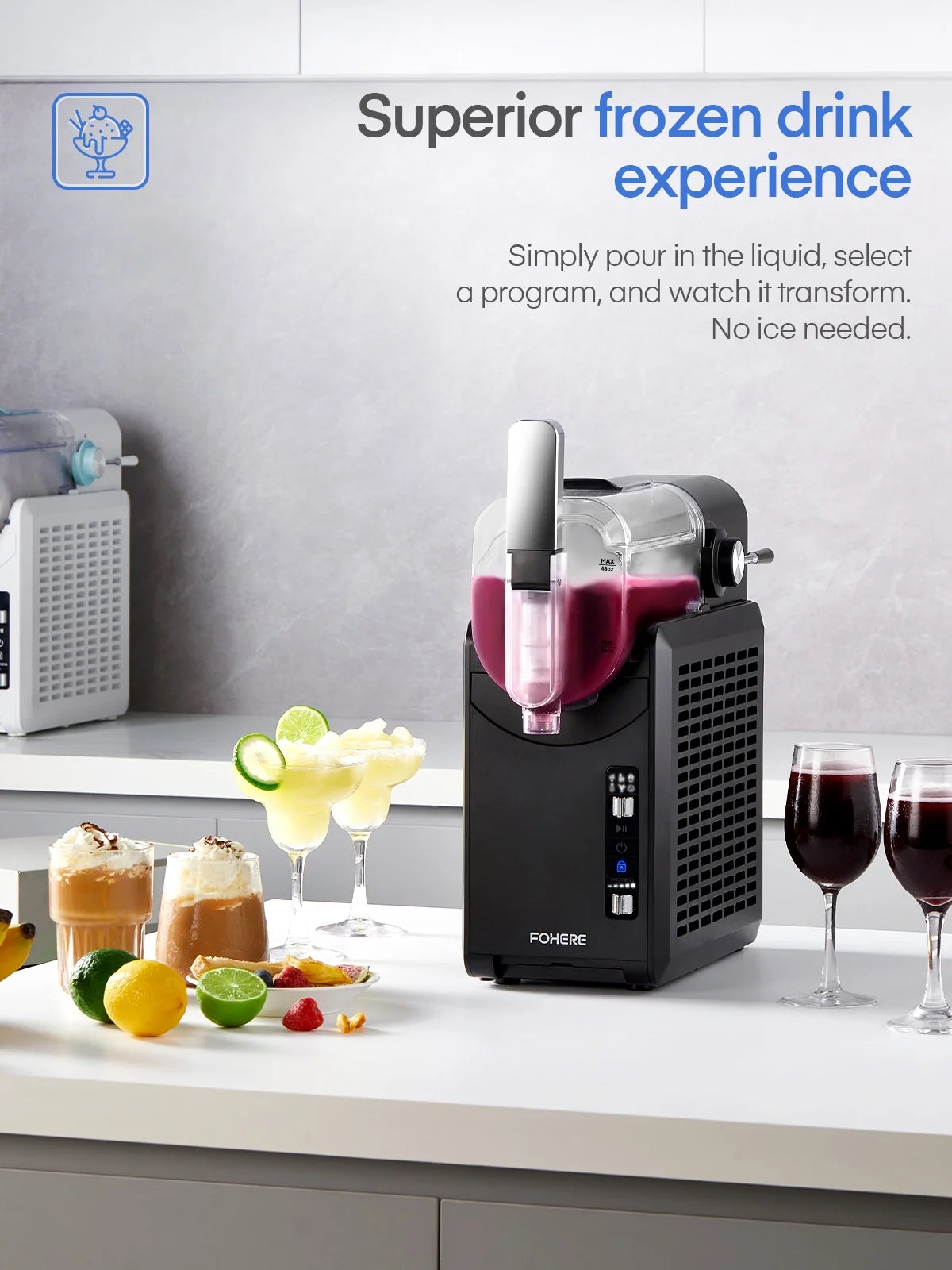 5-in-1 Slushie Machine. No Ice Needed. 15 Min Slushy Machine for Home with Self-Cleaning. Professional Frozen Drink Maker. 5 Preset Programs. Frozen Margaritas. Frapp��s. Milkshakes. and More. FOHERE