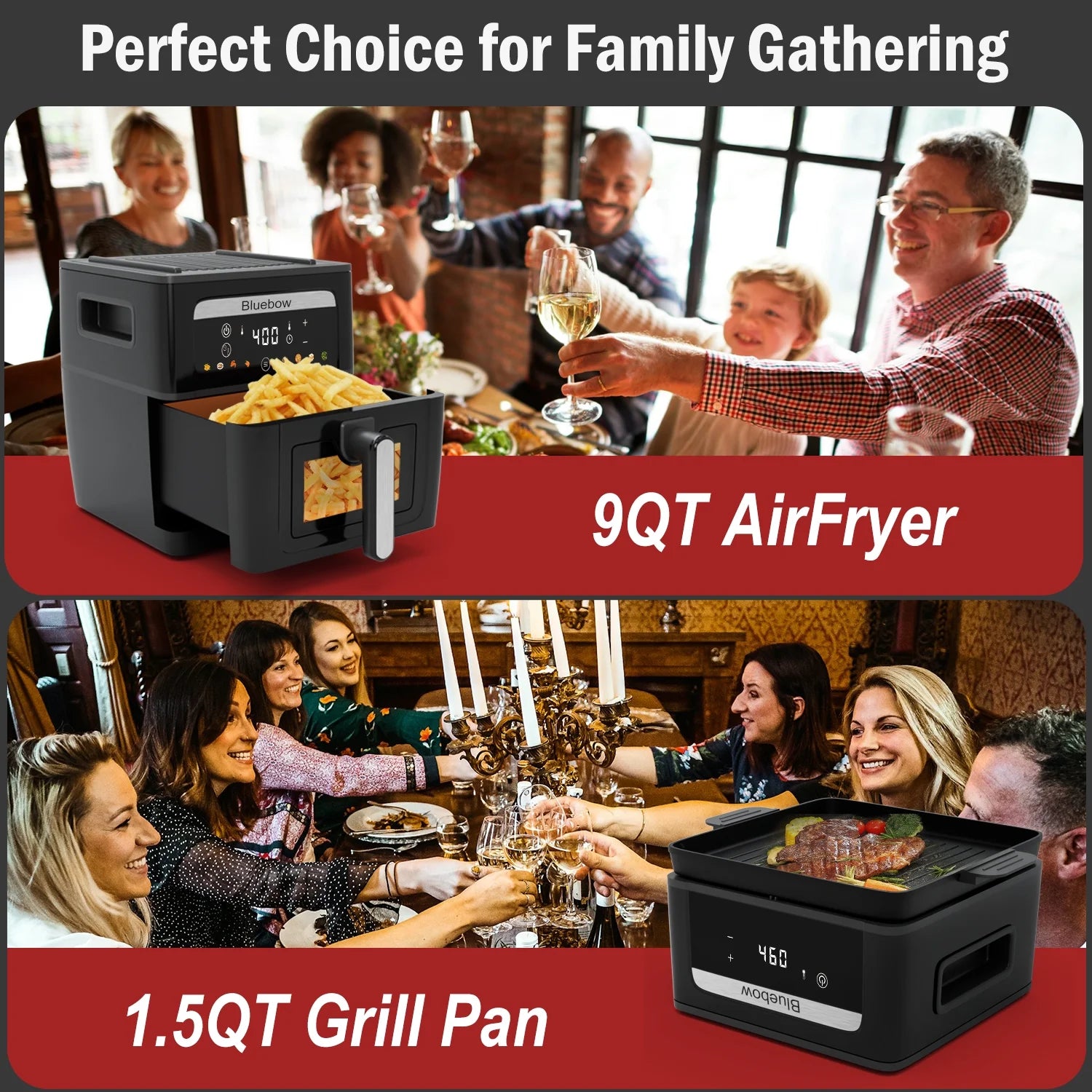 Bluebow 9QT  Air Fryer & Grill Pan Combo. Large Capacity. 8 Preset Functions. Non Toxic. Non-Stick. View Window. Black