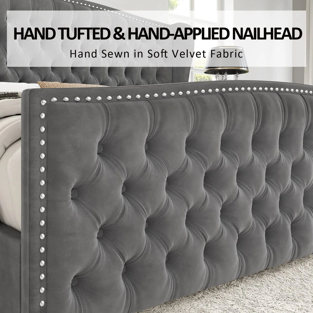 VANACC Queen Size Bed Frame. Velvet Upholstered Bed with Deep Button Tufted Wingback Headboard��Grey