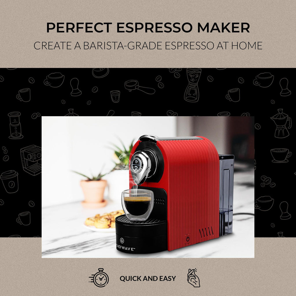 ChefWave Espresso Machine for use with Nespresso Capsules (Red). Holder and Cups