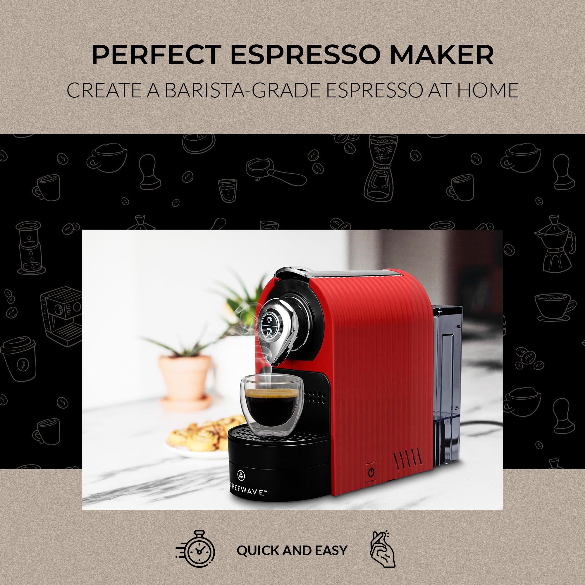 ChefWave Espresso Machine for use with Nespresso Capsules (Red). Holder and Cups