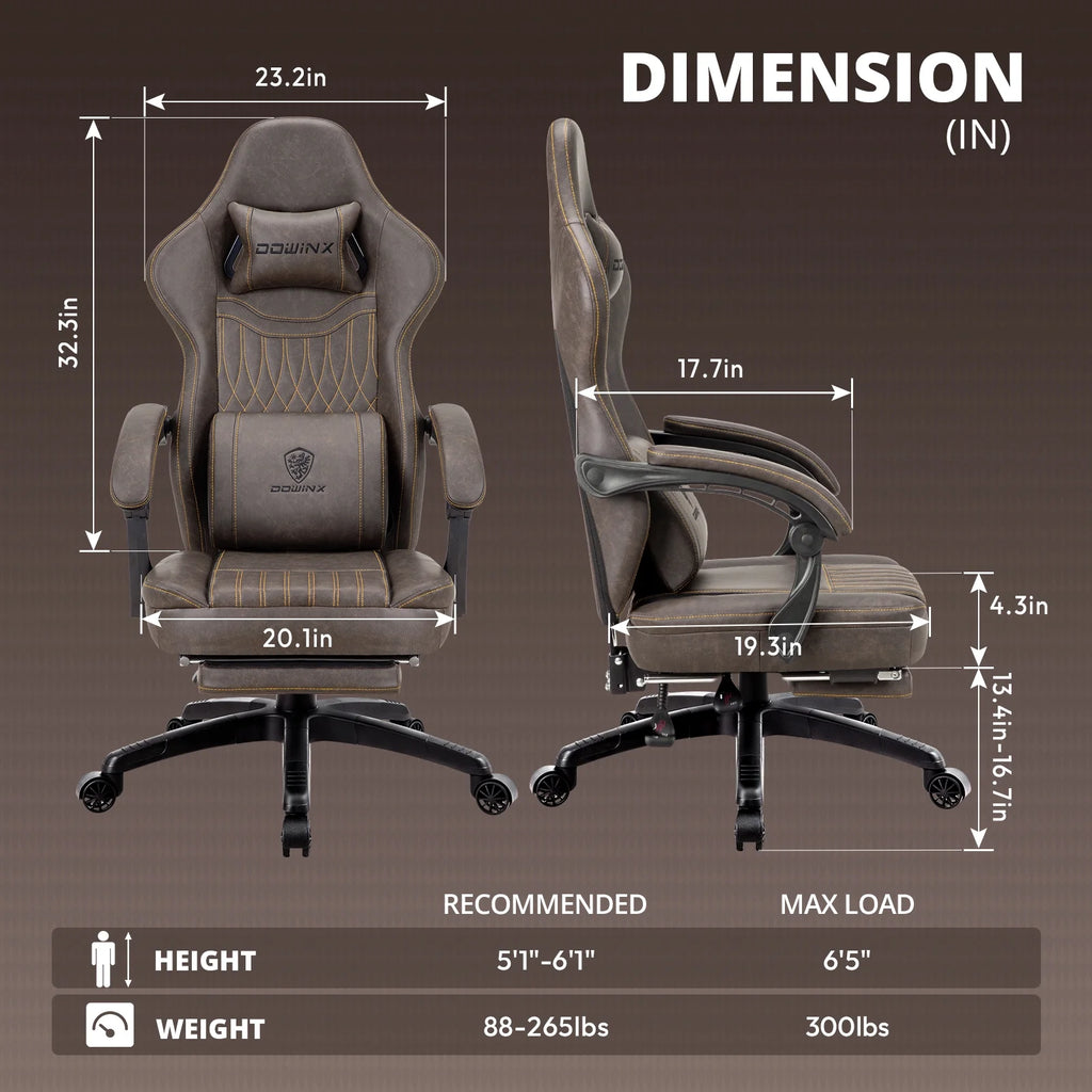 Dowinx Gaming Chair Breathable PU Leather Gamer Chair with Pocket Spring Cushion. Ergonomic Computer Chair with Massage Lumbar Support.Adjustable Swivel Task Chair with Footrest(Brown)
