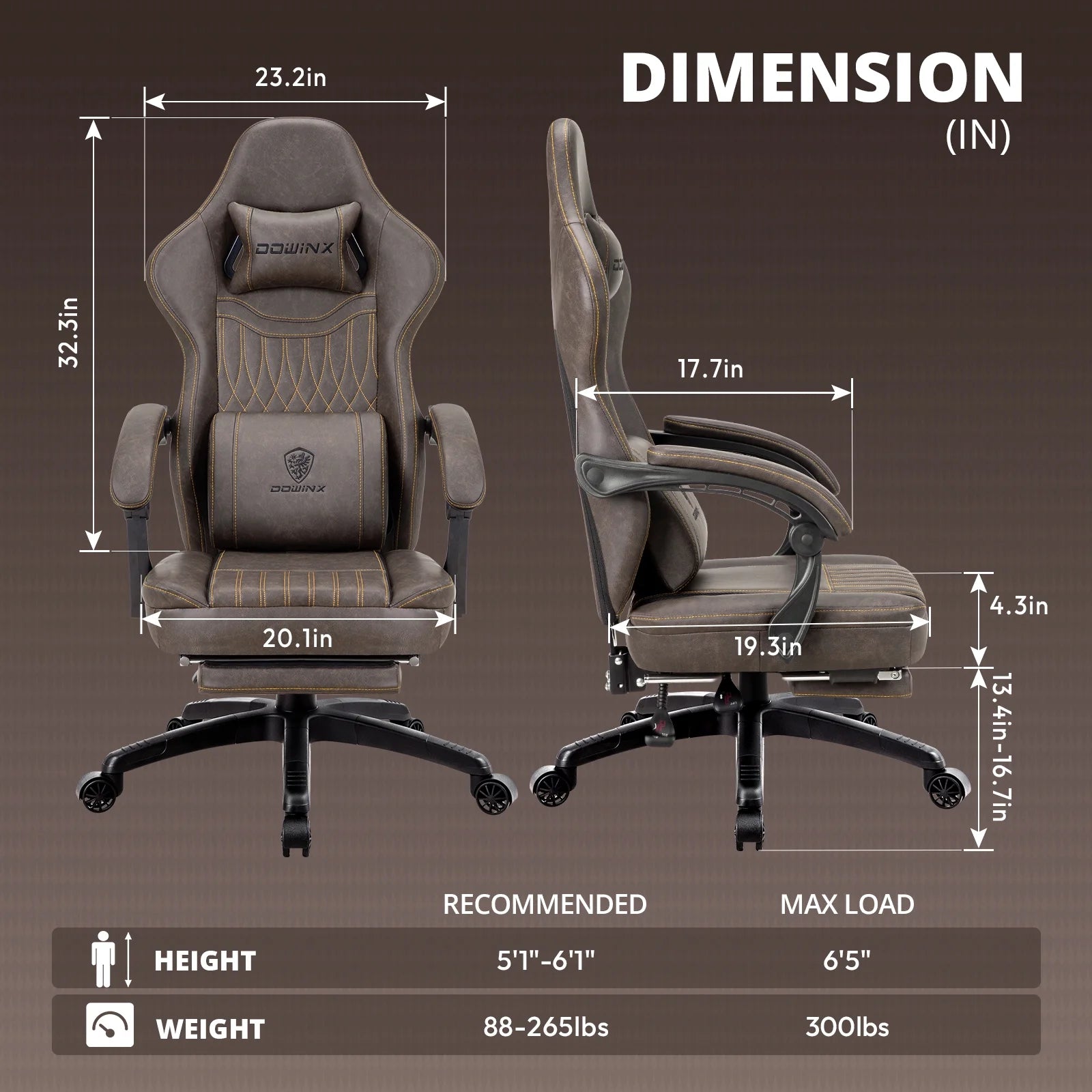 Dowinx Gaming Chair Breathable PU Leather Gamer Chair with Pocket Spring Cushion. Ergonomic Computer Chair with Massage Lumbar Support.Adjustable Swivel Task Chair with Footrest(Brown)