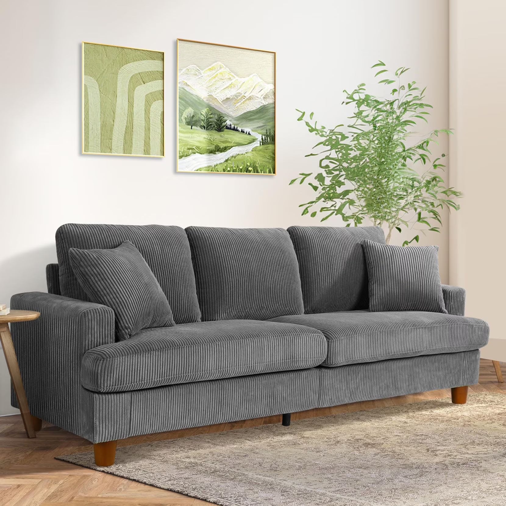 87 Corduroy Sofa.3 Seater Sofa with Extra Deep Seats.Neche Comfy Upholstered Couch for Living Room.2 Pillows.Green