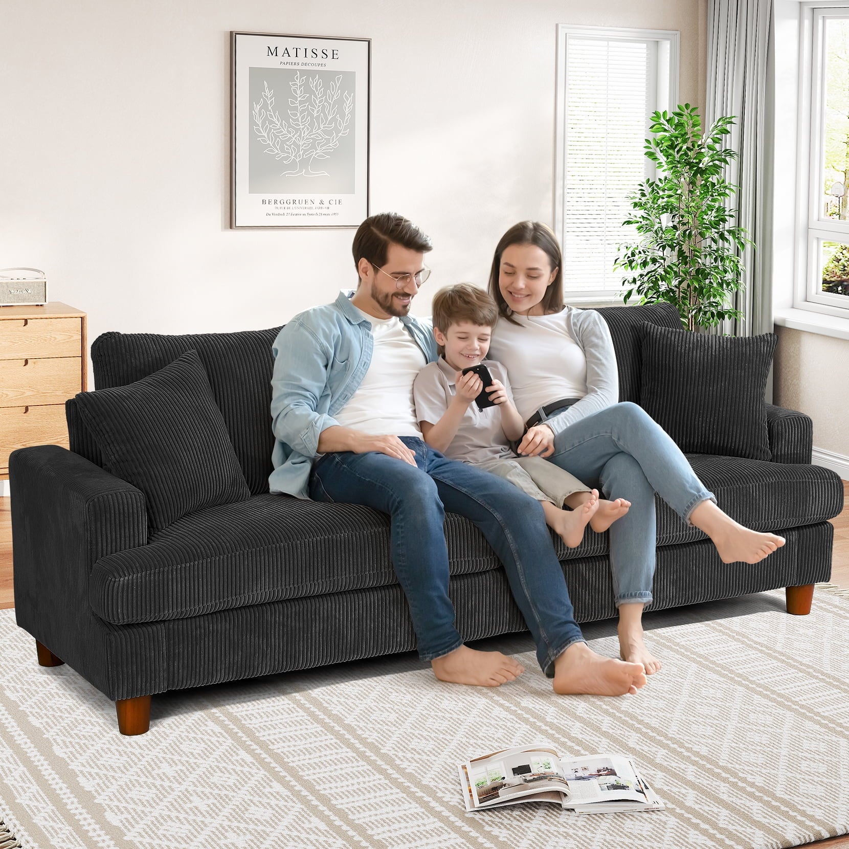 87 Corduroy Sofa.3 Seater Sofa with Extra Deep Seats.Neche Comfy Upholstered Couch for Living Room.2 Pillows.Green