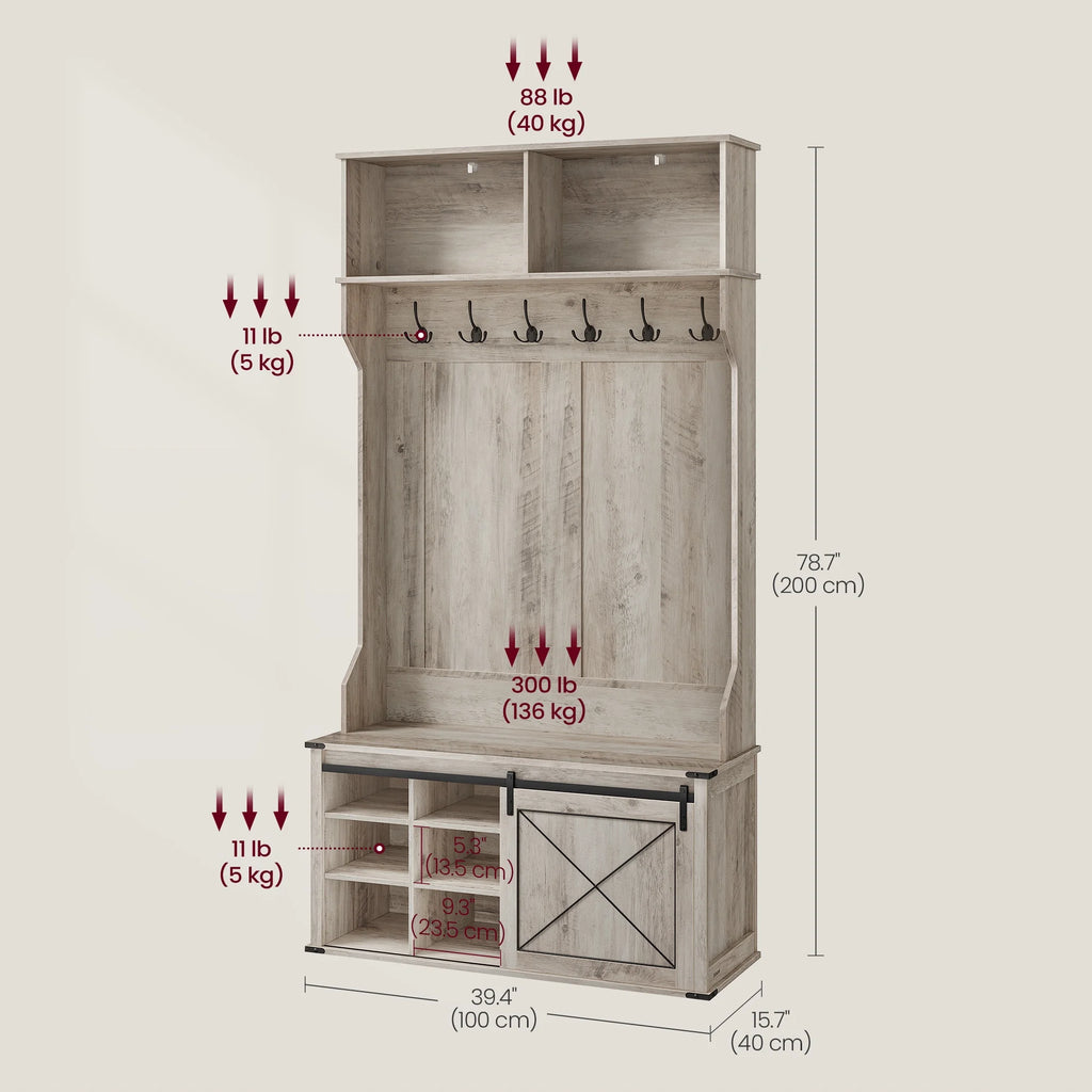 Hall Tree. Coat Rack with Shoe Bench. Entryway Furniture. Tri-Hooks. Rustic White and Honey Brown