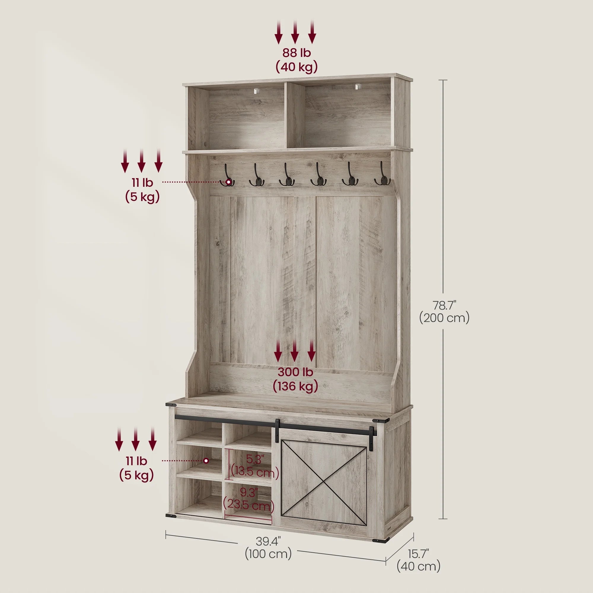 Hall Tree. Coat Rack with Shoe Bench. Entryway Furniture. Tri-Hooks. Rustic White and Honey Brown