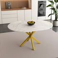 UHOMEPRO Extendable Dining Table with Extendable Blades. Modern Round Kitchen Table with Faux Marble Tabletop. Single Dining Room Table with Carbon Steel X-shaped Base for Dining Room. White+Gold