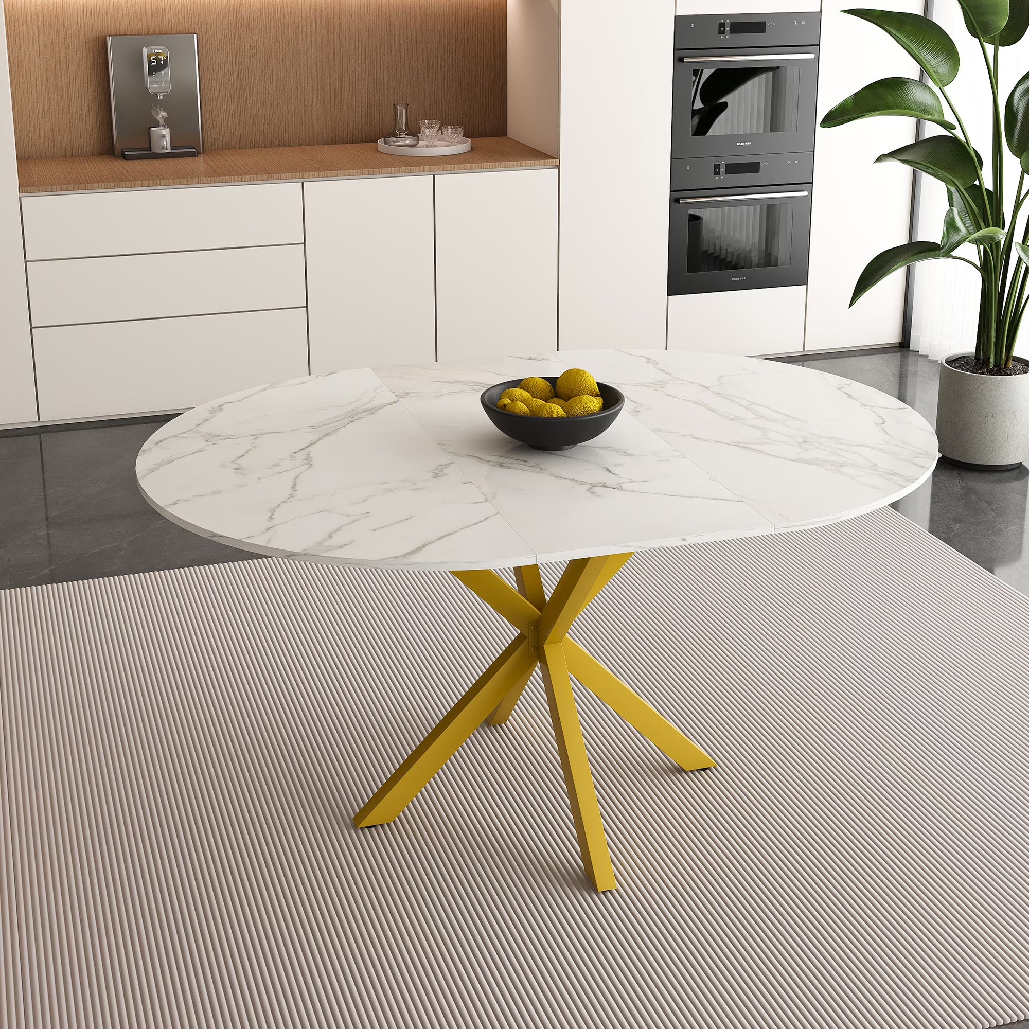 UHOMEPRO Extendable Dining Table with Extendable Blades. Modern Round Kitchen Table with Faux Marble Tabletop. Single Dining Room Table with Carbon Steel X-shaped Base for Dining Room. White+Gold