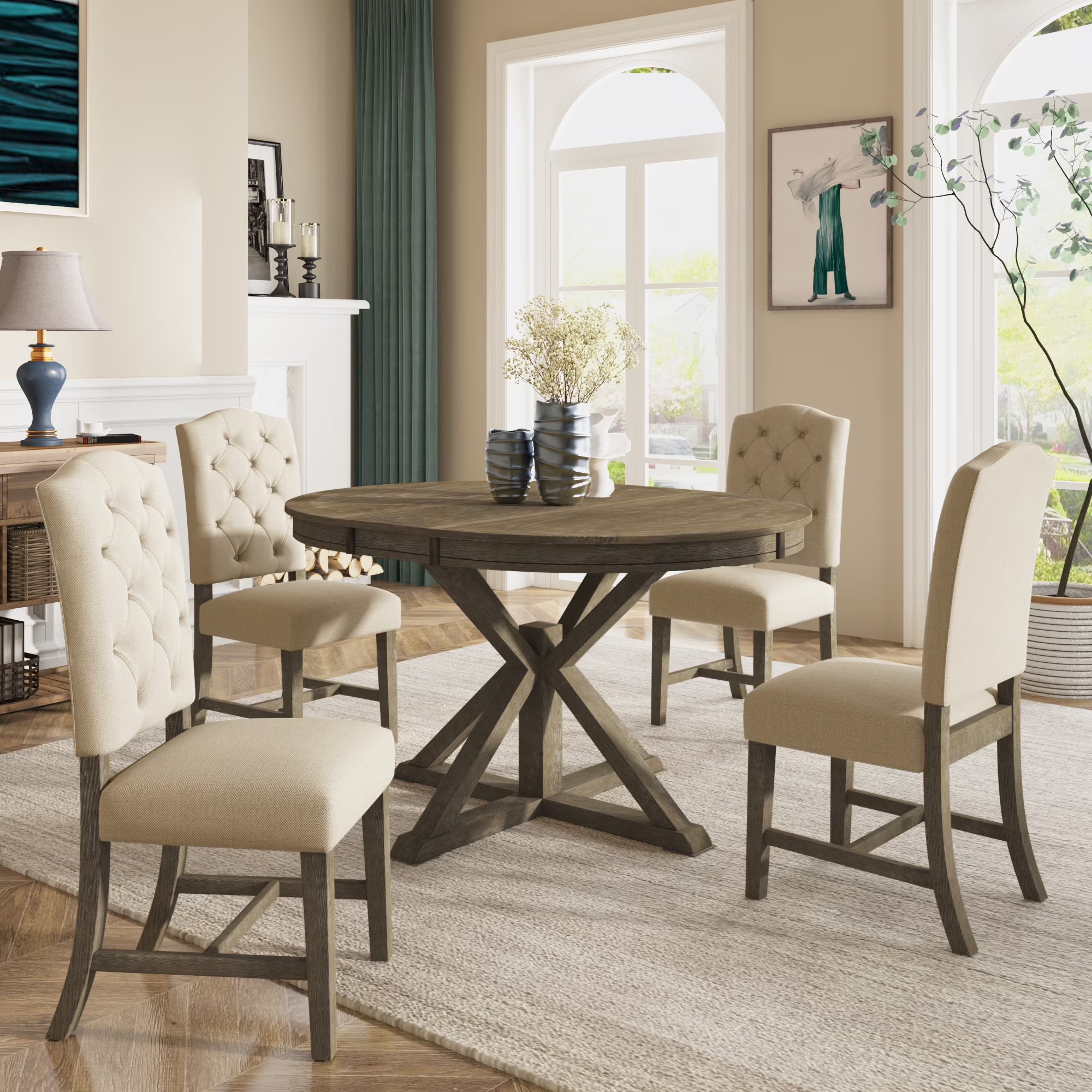 Besthome Farmhouse Extendable Round Kitchen Dining Room Table Set with Upholstered Chairs of 4. 5 Piece Round Dining Table Set with Extendable Table. Espresso