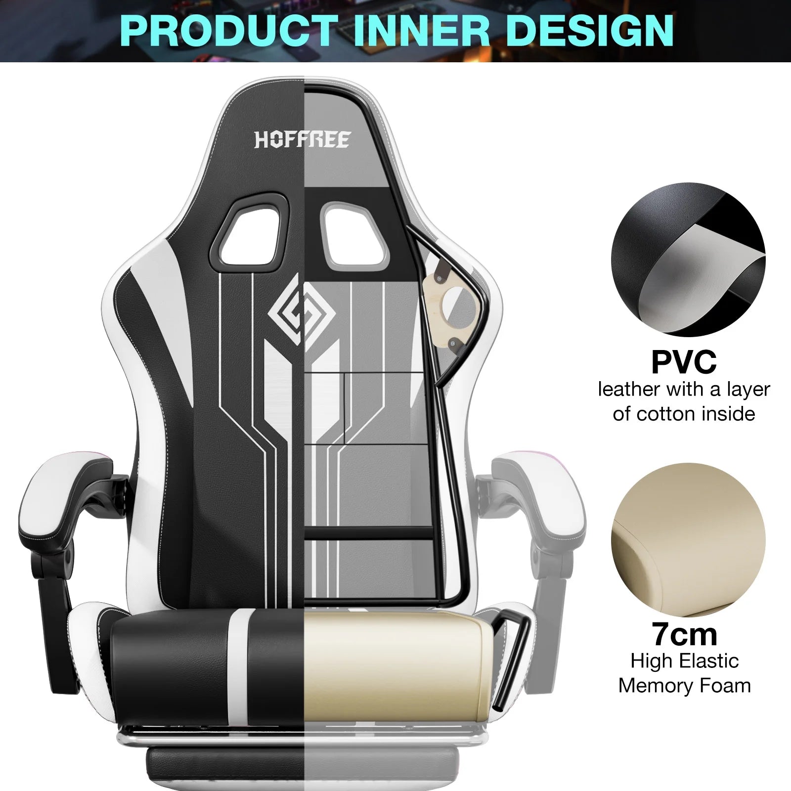 HOFFREE Big and Tall Gaming Chair with Speakers and RGB Lights. Gamer Chair with Footrest. Lumbar Support Height Adjustable 360-Swivel Seat and Headrest for Adults. 400lbs