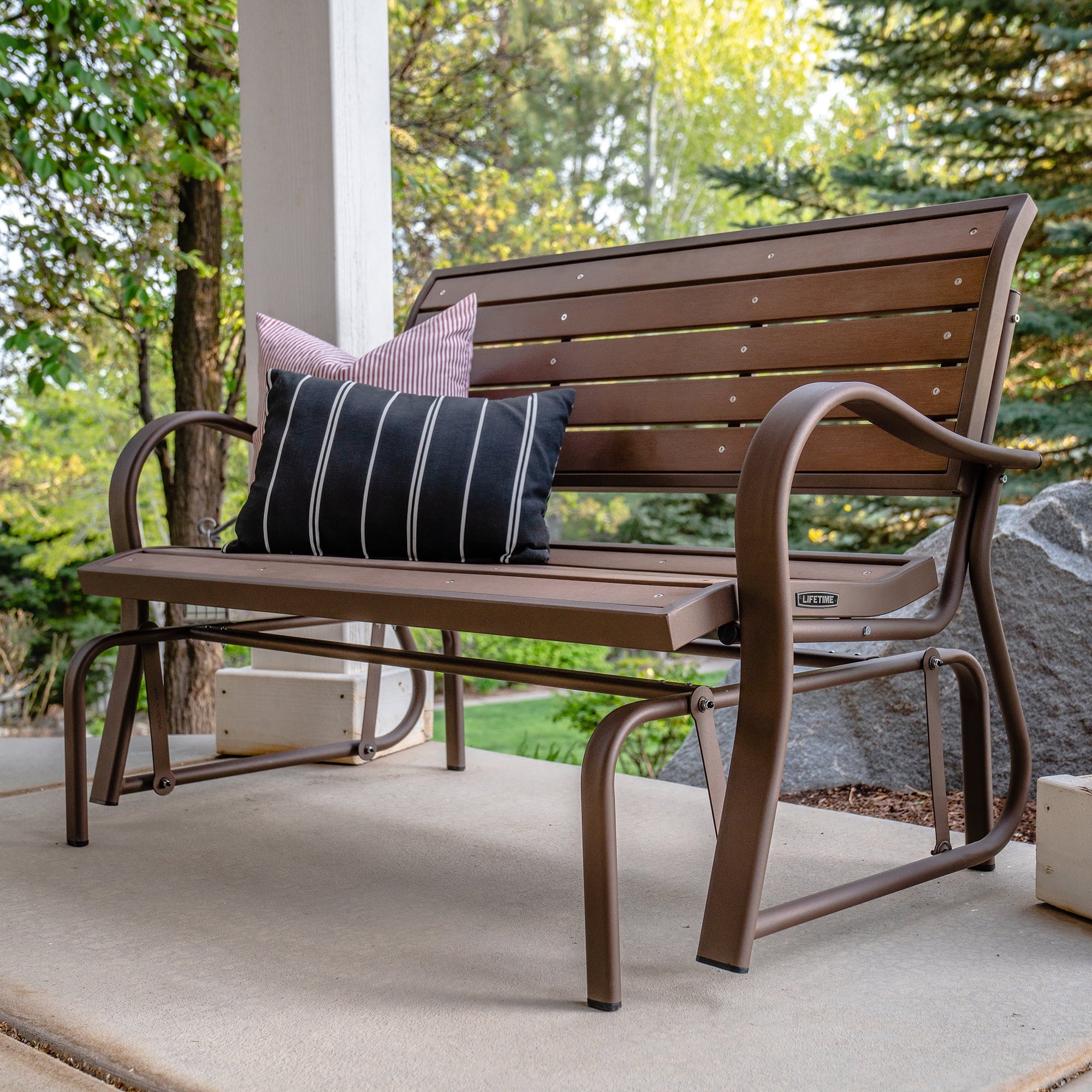 Lifetime Outdoor Glider Bench. Faux Wood. Brown 60290