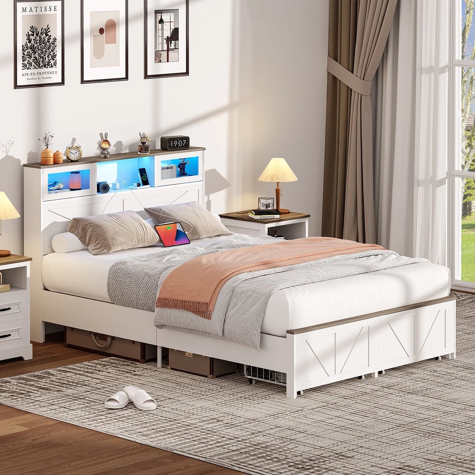 Full Size Bed Frame with Headboard. Full Bed Frame with Charging Station. LED Beds with 2 Storage Drawers.  Wood Farmhouse Bedframe. White
