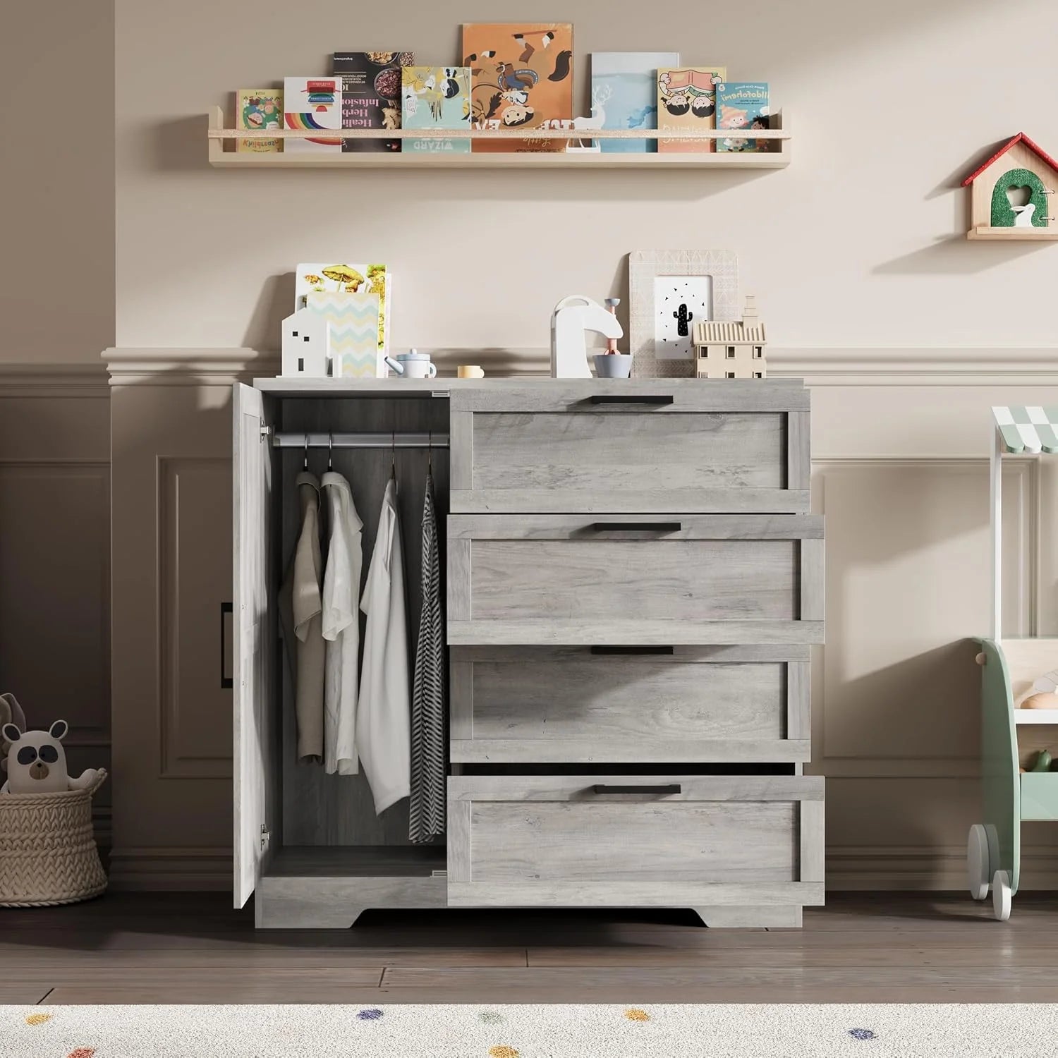 43.3 H Armoire Wardrobe Closet with 4 Drawers & Hanging Rod. Multifunctional Wood Storage Cabinet for Bedroom. Natural Oak