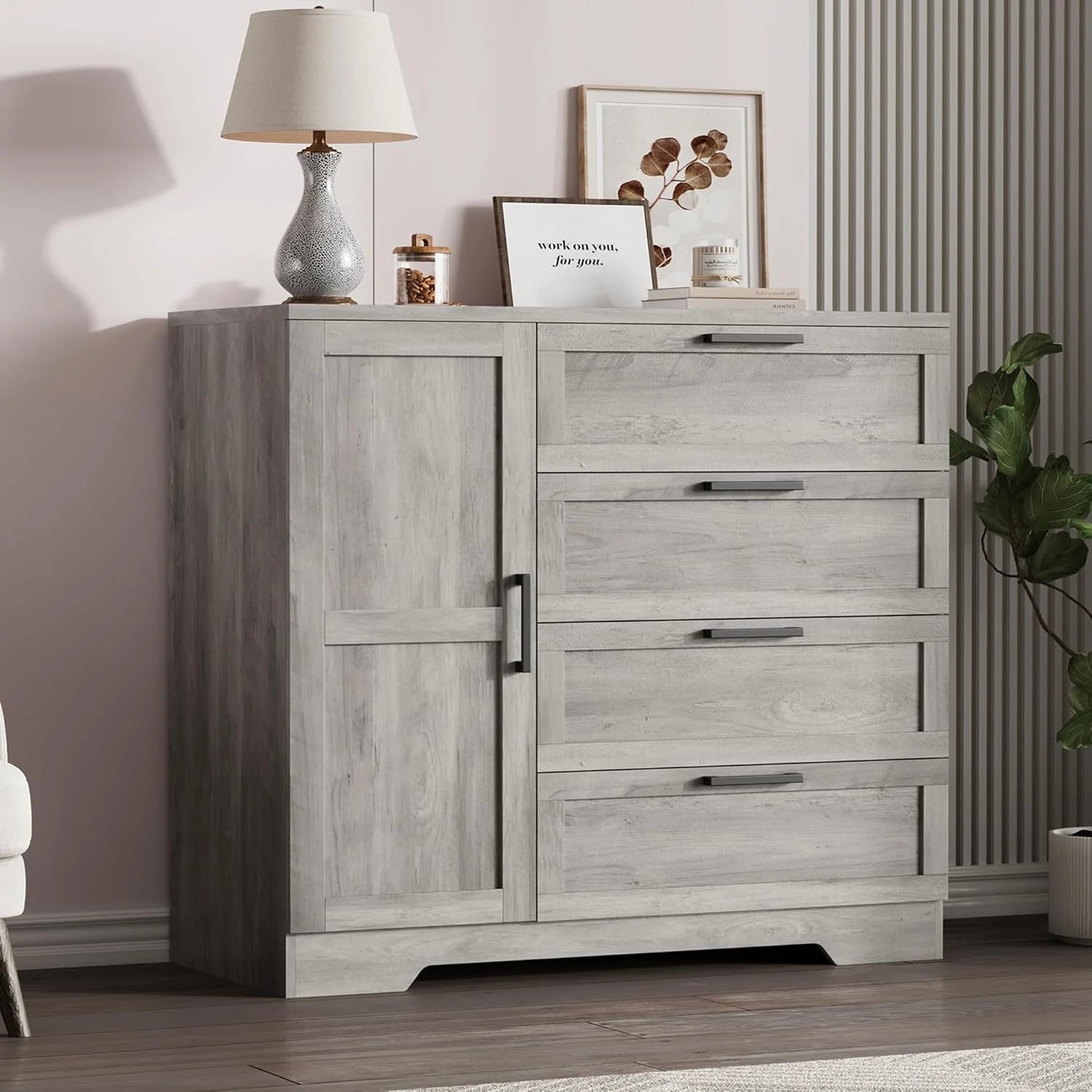 43.3 H Armoire Wardrobe Closet with 4 Drawers & Hanging Rod. Multifunctional Wood Storage Cabinet for Bedroom. Natural Oak